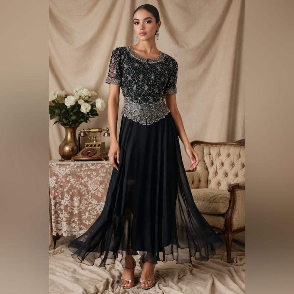 Vintage Laurence Kazar Black Beaded Evening Gown – Art Deco Sequin Dress Size PL